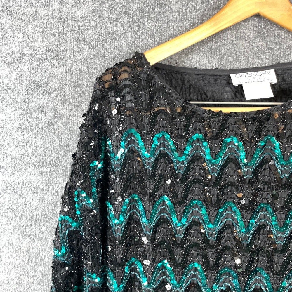Vintage Givenchy Top Womens 18 W Black Teal Sequin Zigzag West Germany 80s Art - Picture 7 of 12